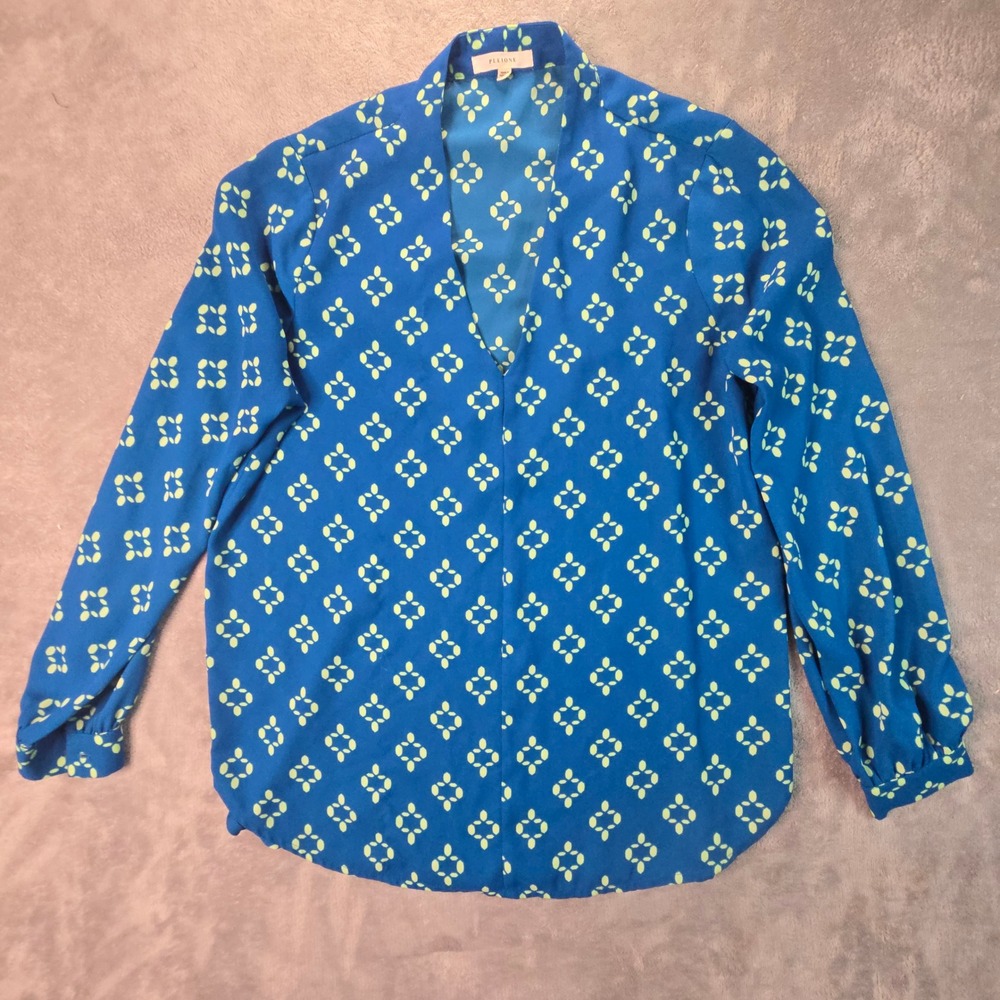 Preppy Blouse Size XSP Blue Green‎ Geometric V-Neck Long Sleeve Office Electric